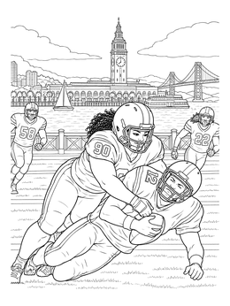 Football game action in this san francisco coloring page with the Ferry Building in the background.