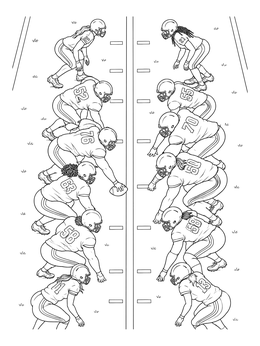 A detailed football coloring page showing two opposing teams lined up along the line of scrimmage.