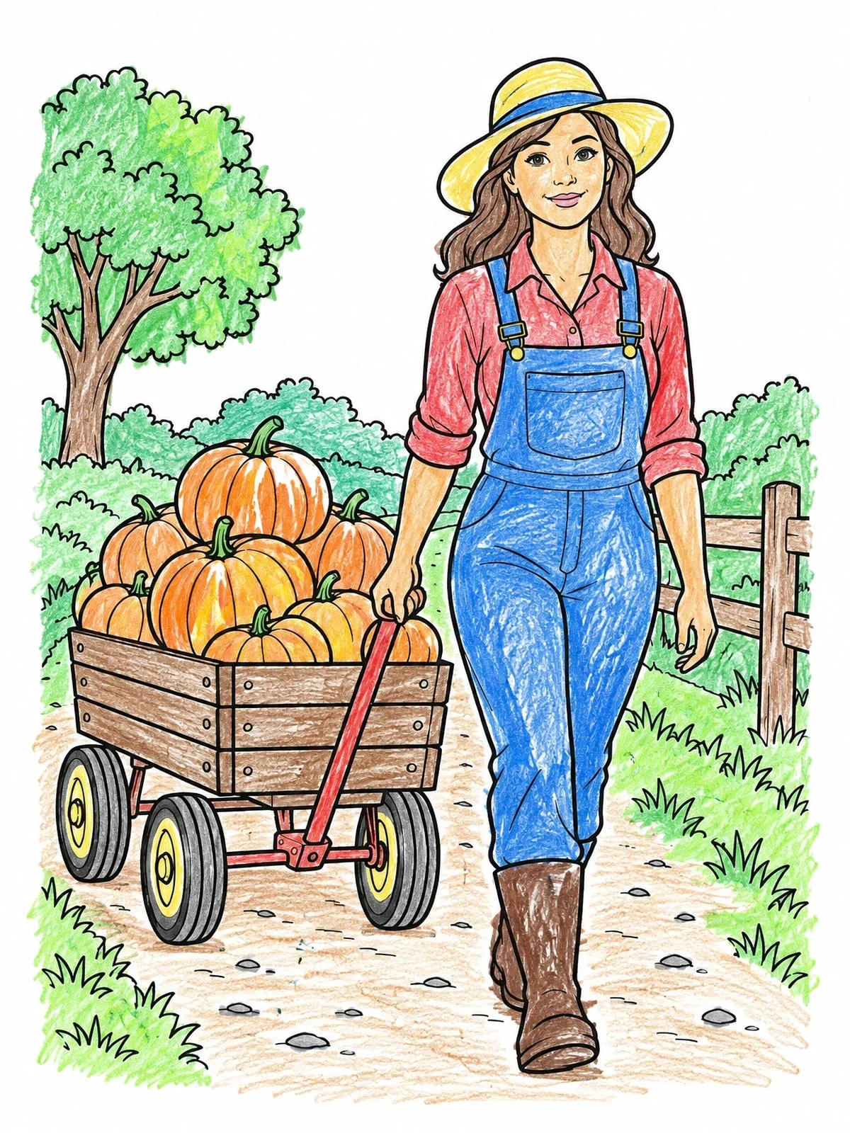 Colored example of the Gardener Pulling A Pumpkin Wagon coloring page