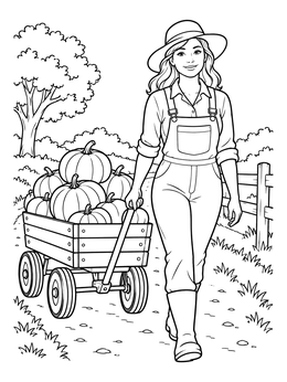 Free printable Gardener Pulling A Pumpkin Wagon coloring page