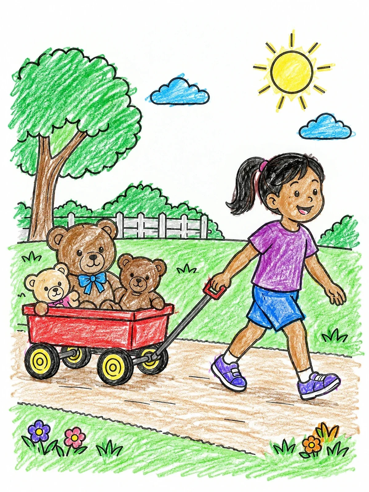 Colored example of the Girl Pulling Teddy Wagon coloring page
