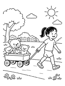 Free printable Girl Pulling Teddy Wagon coloring page