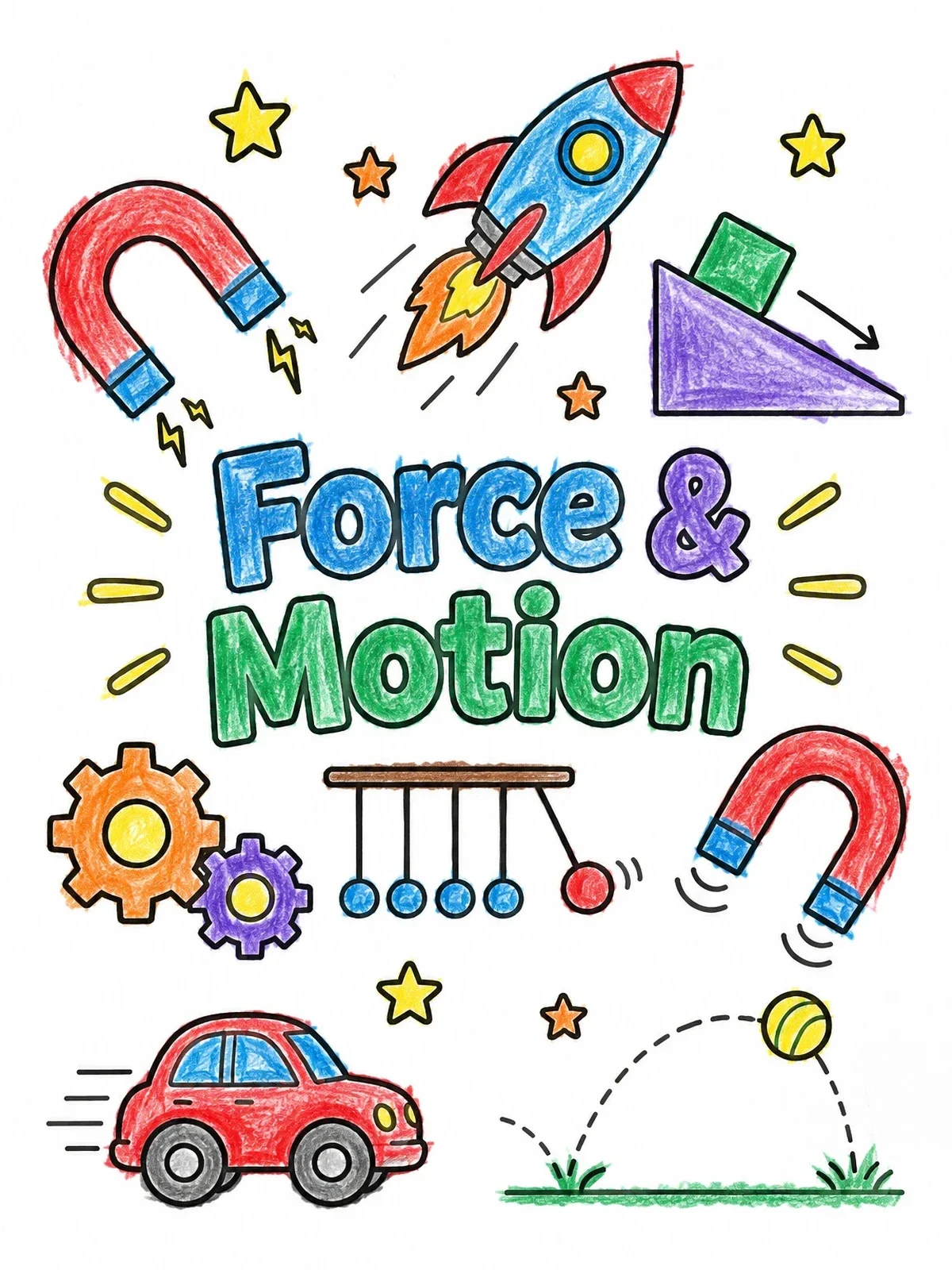 Colored example of the Force And Motion Science Doodles coloring page