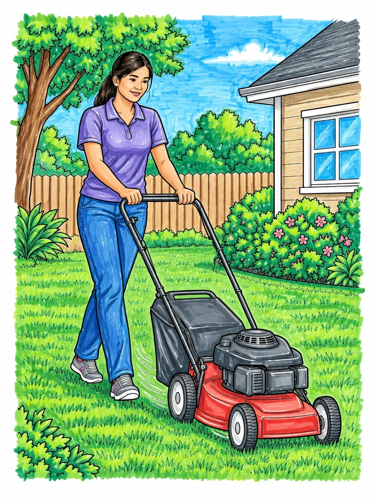 Colored example of the Woman Pushing Lawn Mower In Backyard coloring page