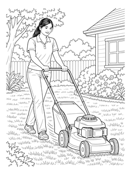 Free printable Woman Pushing Lawn Mower In Backyard coloring page