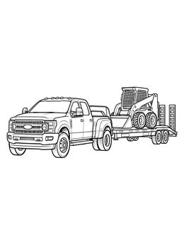 A detailed ford truck coloring page showing a dually towing a flatbed trailer with a skid steer.