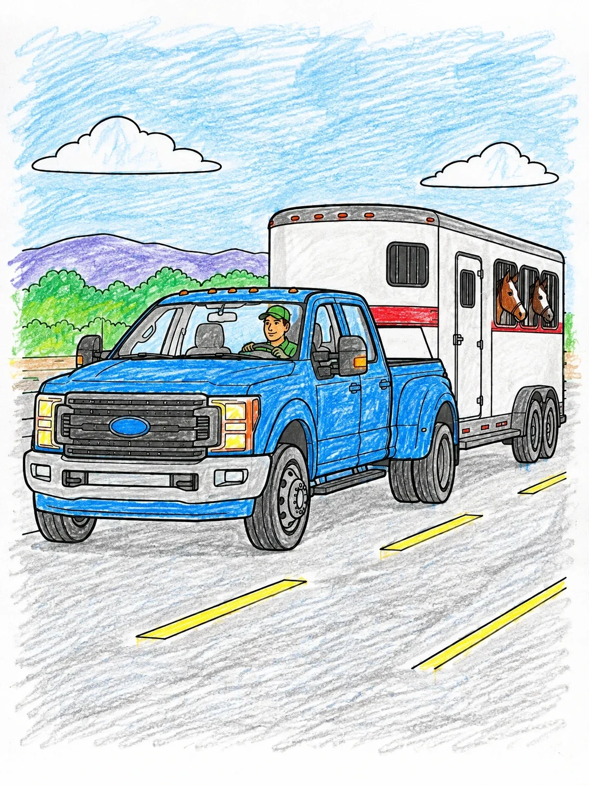 Colored example of the Dually Pickup Truck Towing Horse Trailer coloring page