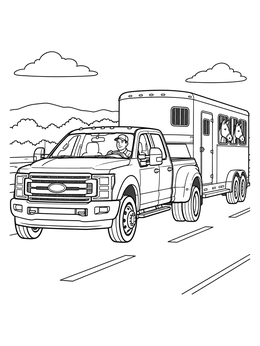 A dually truck pulls a horse trailer on the road in this ford truck coloring page.