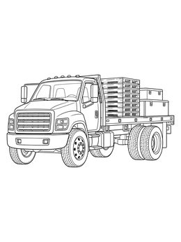 A detailed ford truck coloring page showing a heavy-duty flatbed vehicle loaded with wooden pallets and crates.