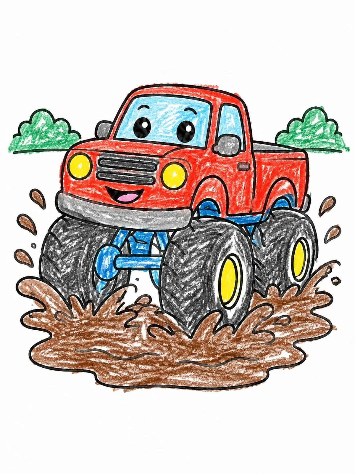 Colored example of the Happy Monster Truck Splashing Mud coloring page