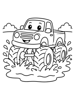 Free printable Happy Monster Truck Splashing Mud coloring page