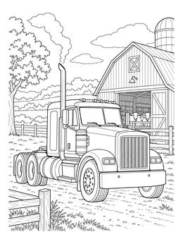 A big semi truck rests by a farm barn in this detailed ford truck coloring page.