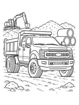 Detailed ford truck coloring page parked at a construction site near concrete pipes.