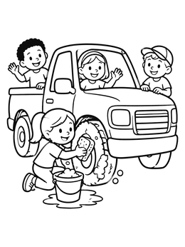 Free printable Kids Washing A Pickup Truck coloring page