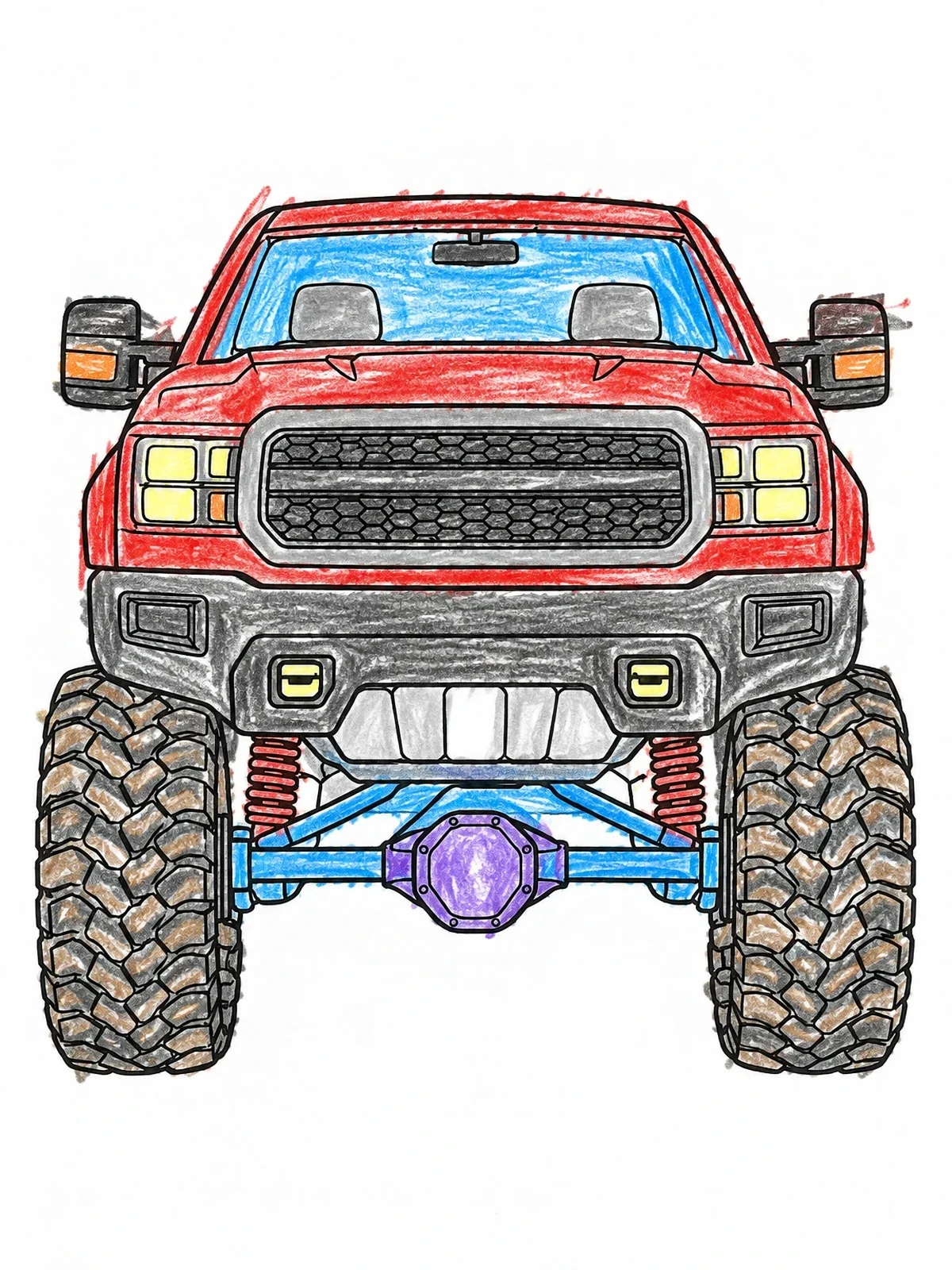 Colored example of the Lifted Off Road Pickup Front View coloring page