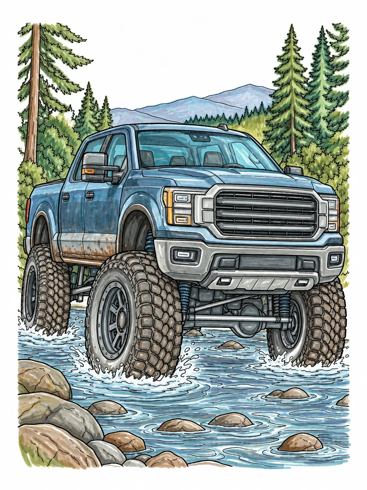 Colored example of the Lifted Off Road Truck In Forest River coloring page