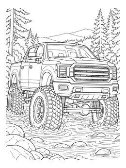 A lifted truck splashes through water in this detailed ford truck coloring page.