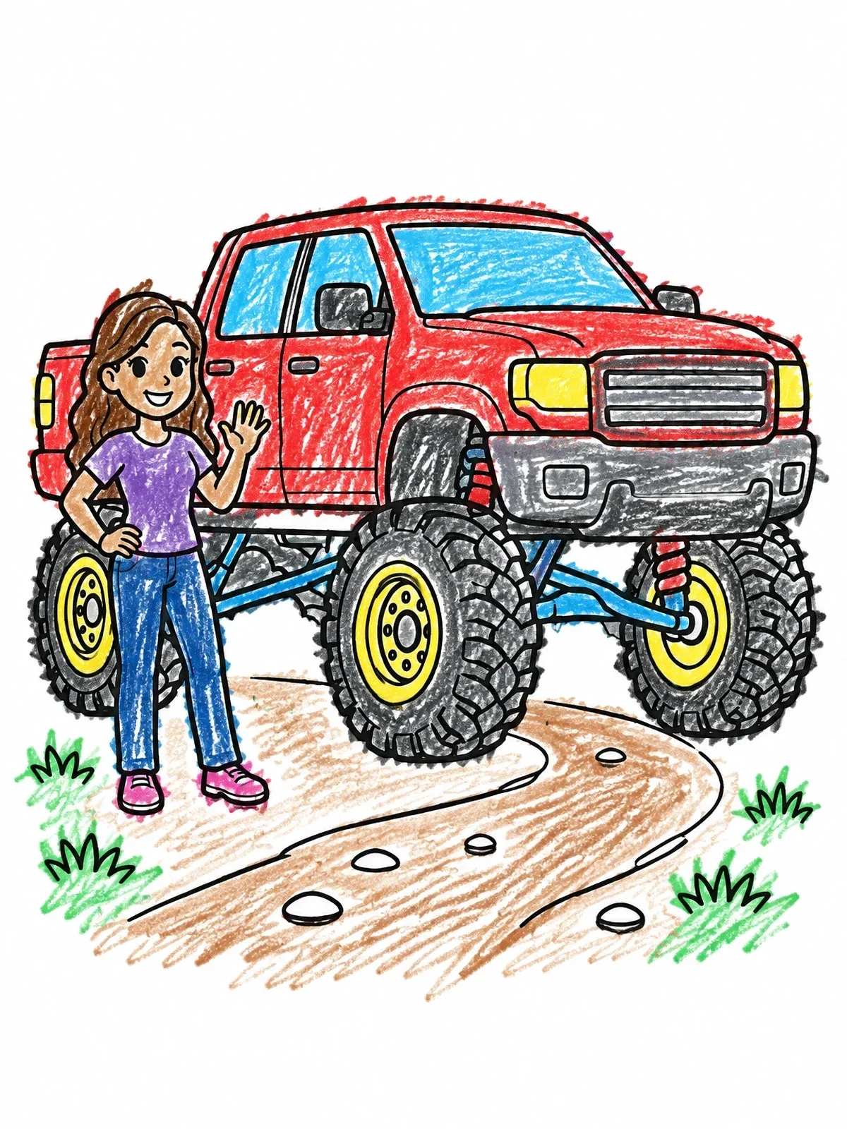 Colored example of the Lifted Pickup Truck With Friendly Girl coloring page