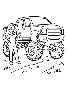 Free printable Lifted Pickup Truck With Friendly Girl coloring page