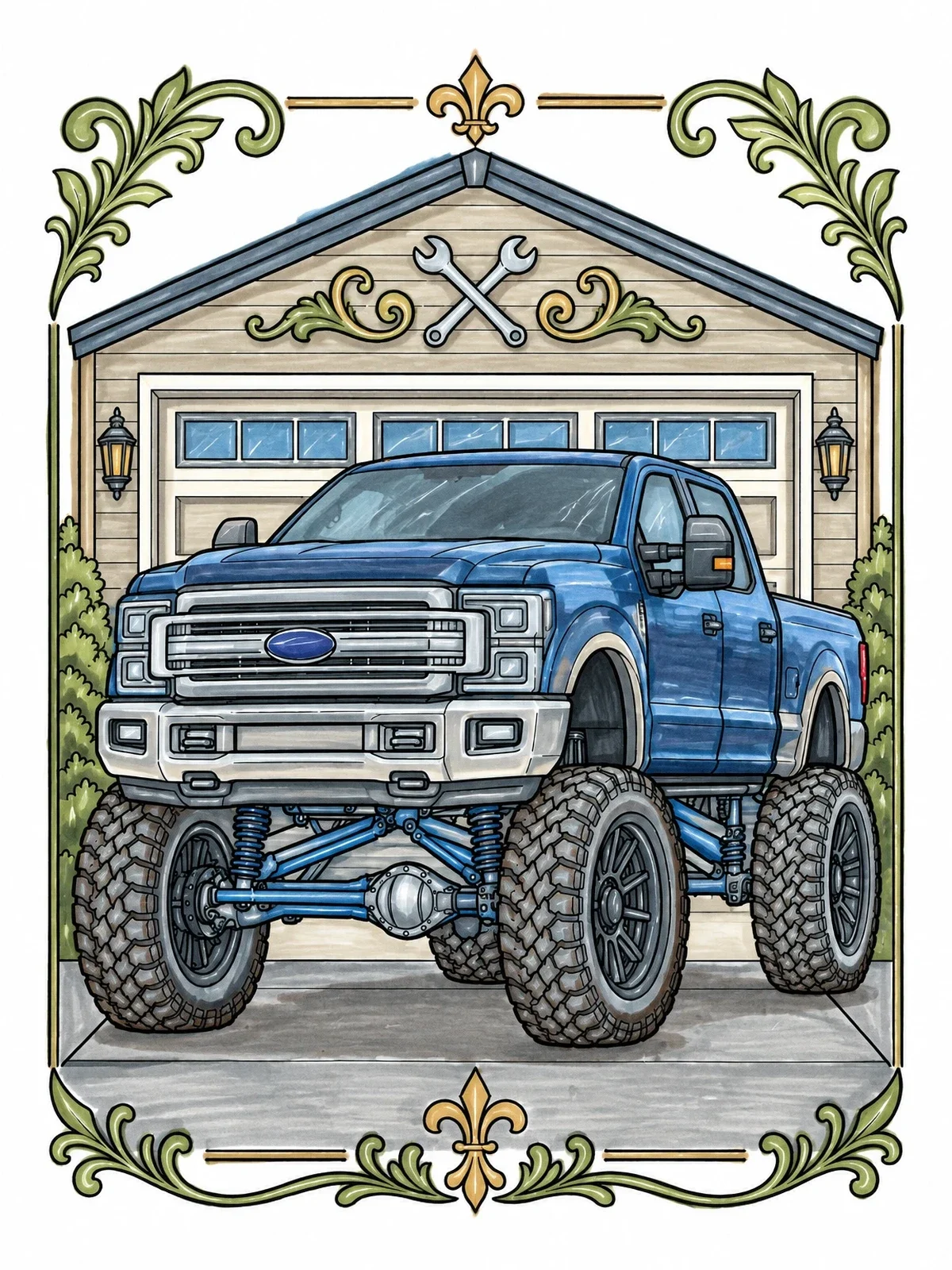 Colored example of the Lifted Pickup Truck Outside Garage coloring page