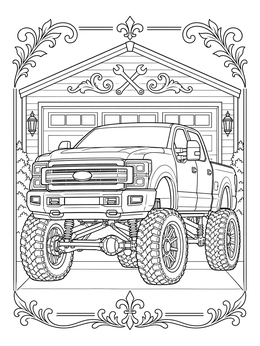 A detailed ford truck coloring page showing a lifted pickup in front of a garage.