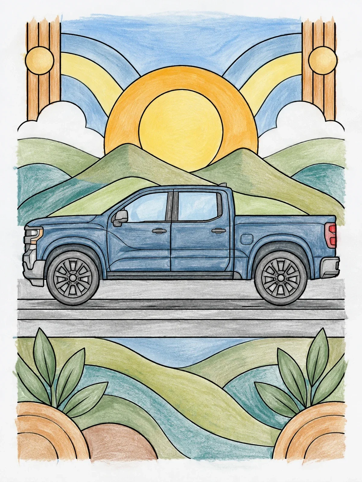 Colored example of the Modern Pickup Truck And Geometric Landscape coloring page