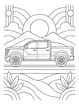 Geometric mountain scenery surrounds a modern pickup in this ford truck coloring page.