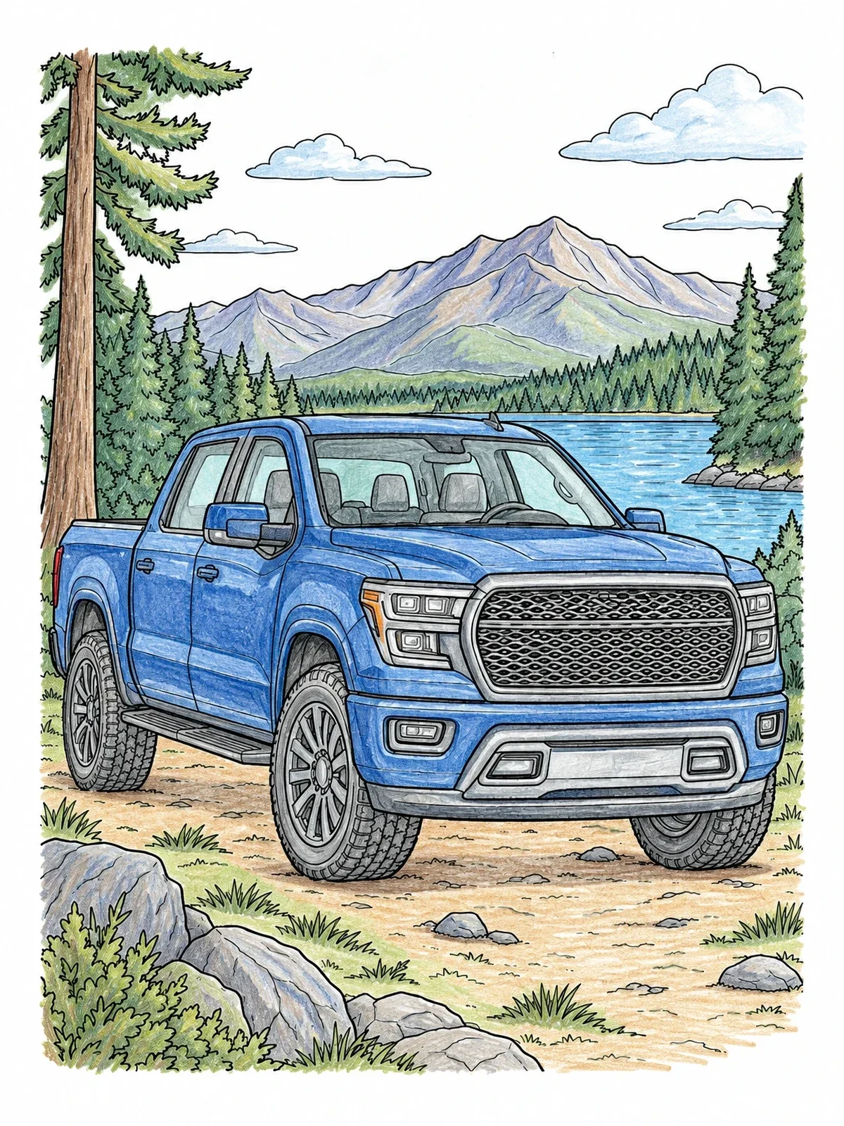 Colored example of the Modern Pickup Truck In Mountain Landscape coloring page