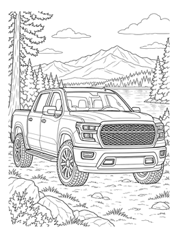 A detailed ford truck coloring page parked near a lake with scenic mountains.