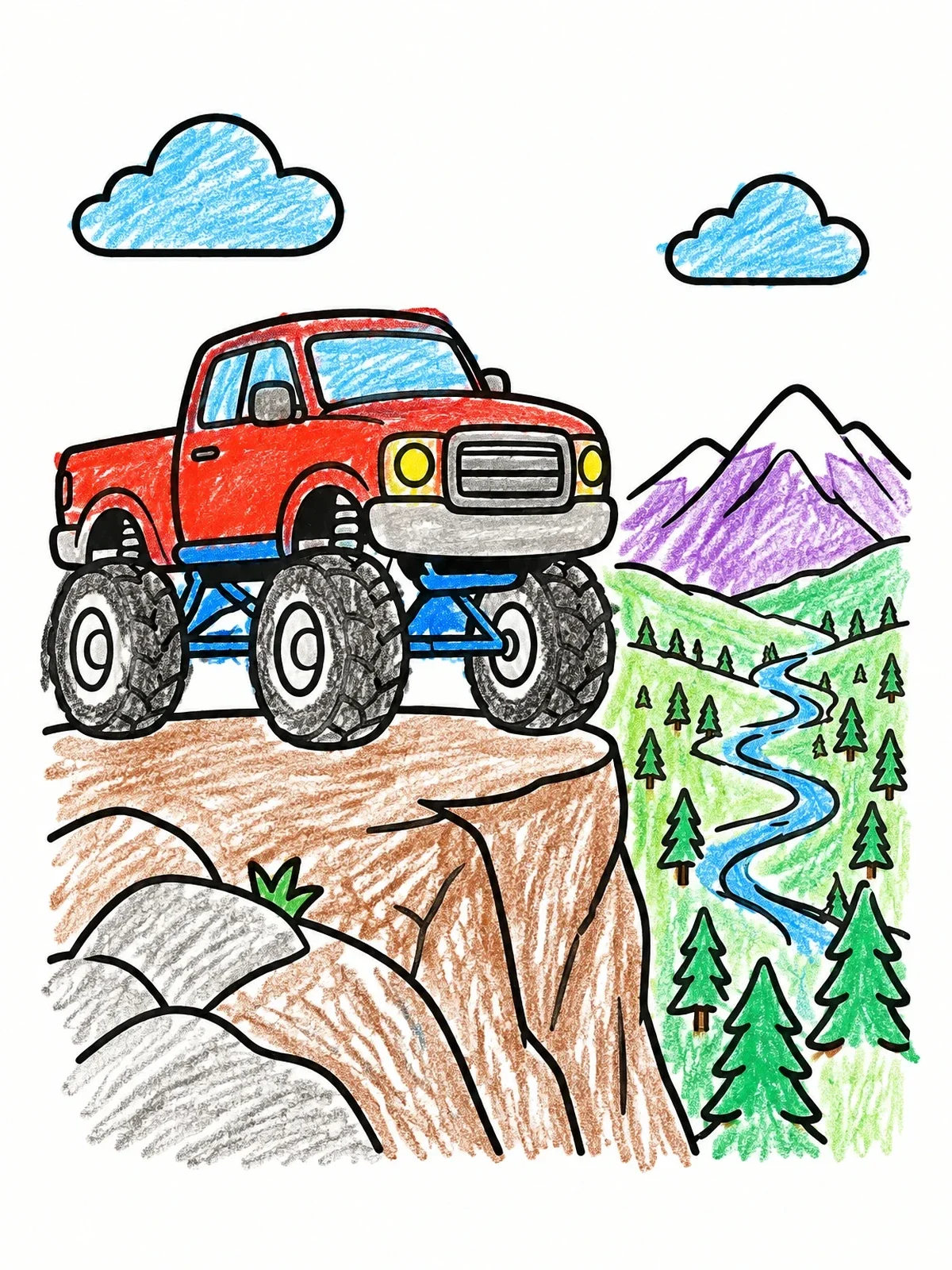 Colored example of the Monster Truck On Mountain Cliff coloring page