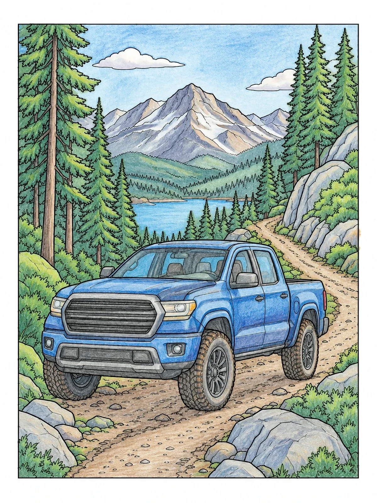 Colored example of the Pickup Truck On Mountain Dirt Trail coloring page