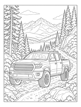 Detailed ford truck coloring page driving on a rocky mountain trail among pine trees.