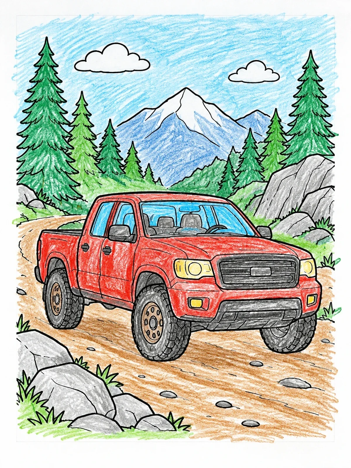 Colored example of the Pickup Truck On Mountain Trail coloring page
