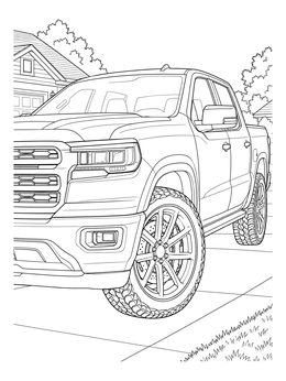 A detailed ford truck coloring page parked outside a suburban home on a paved driveway.