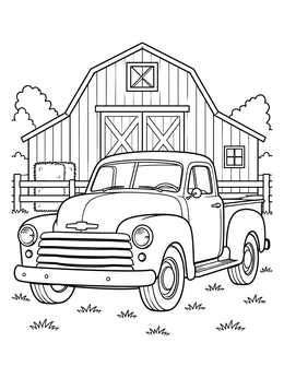 A classic vintage pickup sits on a farm in this ford truck coloring page.