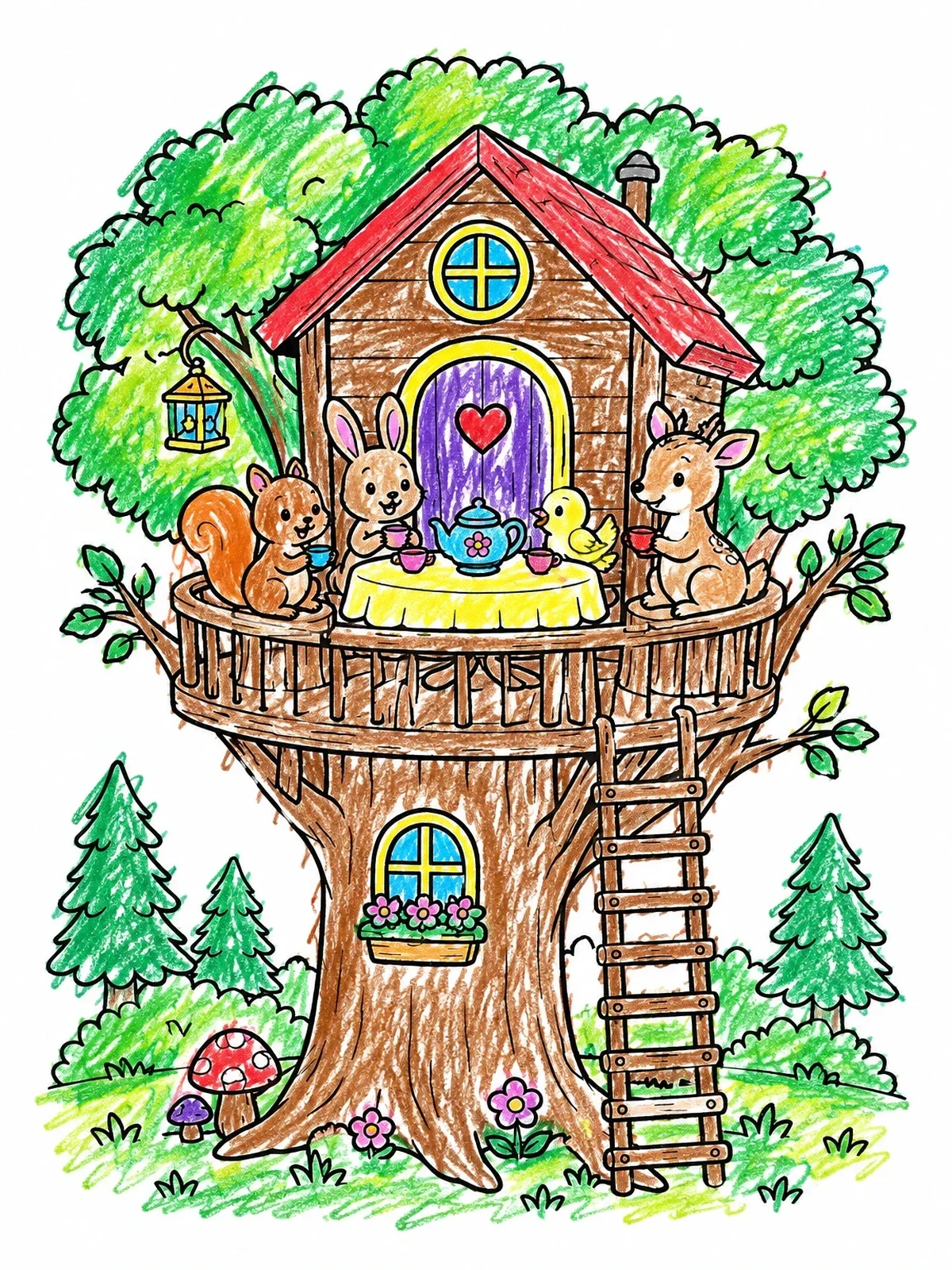 Colored example of the Forest Animals Treehouse Tea Party coloring page