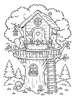 Free printable Forest Animals Treehouse Tea Party coloring page