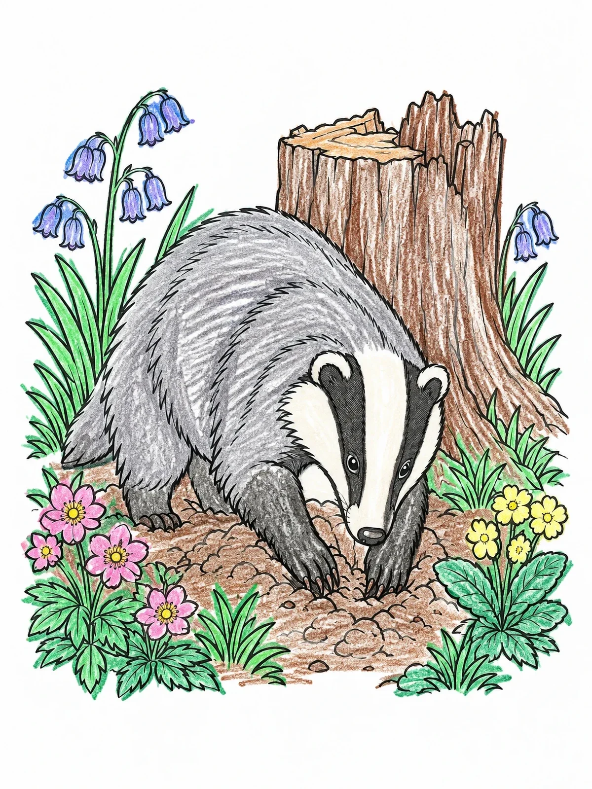 Colored example of the Badger Digging By A Tree Stump coloring page