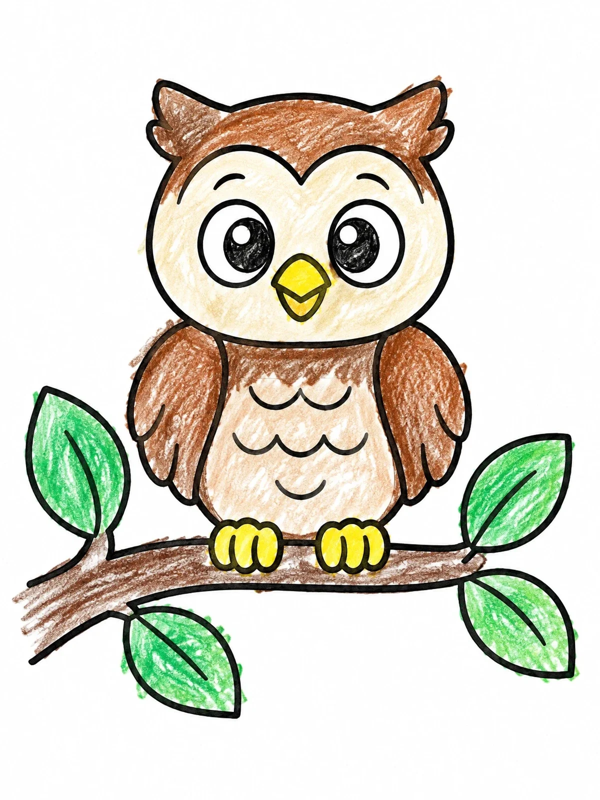 Colored example of the Cute Cartoon Owl On A Branch coloring page