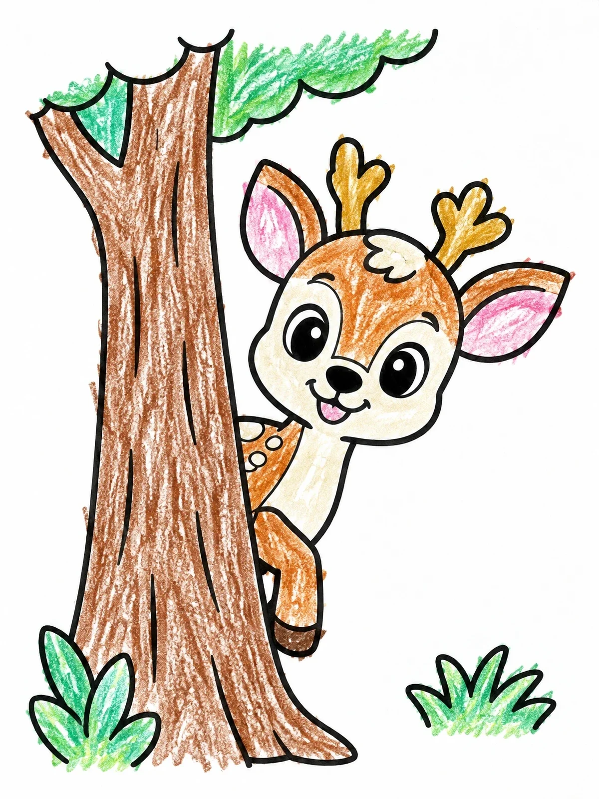 Colored example of the Cute Deer Peeking Behind Tree coloring page