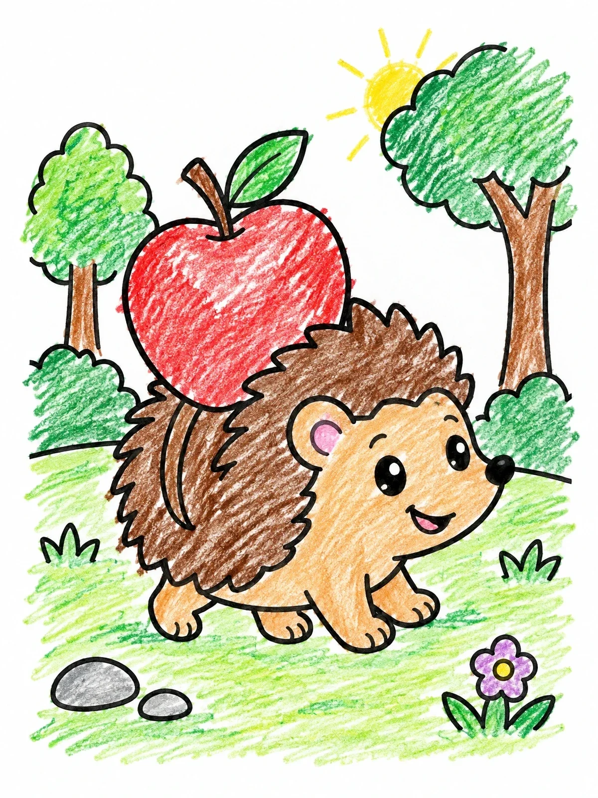 Colored example of the Cute Hedgehog With An Apple coloring page
