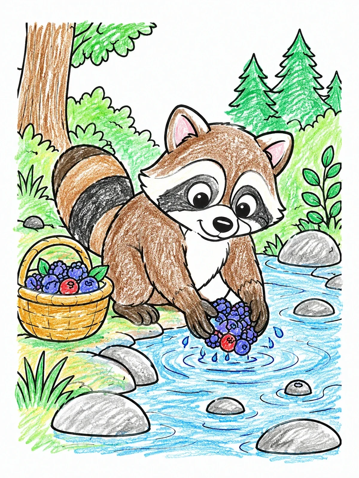 Colored example of the Cute Raccoon Washing Berries By The Stream coloring page