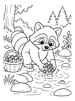 Free printable Cute Raccoon Washing Berries By The Stream coloring page