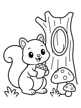 Free printable Cute Squirrel With Acorn By Hollow Tree coloring page