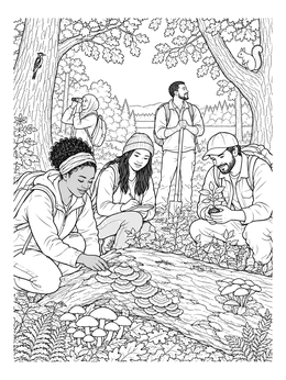 A group of researchers studies woodland wildlife in this detailed ecology coloring page.