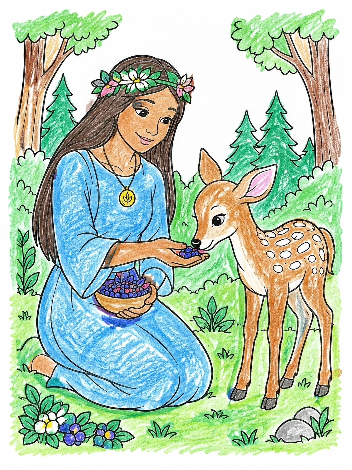 Colored example of the Forest Goddess Feeding A Spotted Fawn coloring page