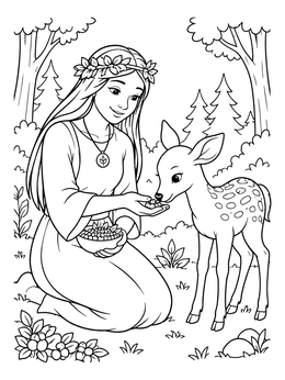 Free printable Forest Goddess Feeding A Spotted Fawn coloring page