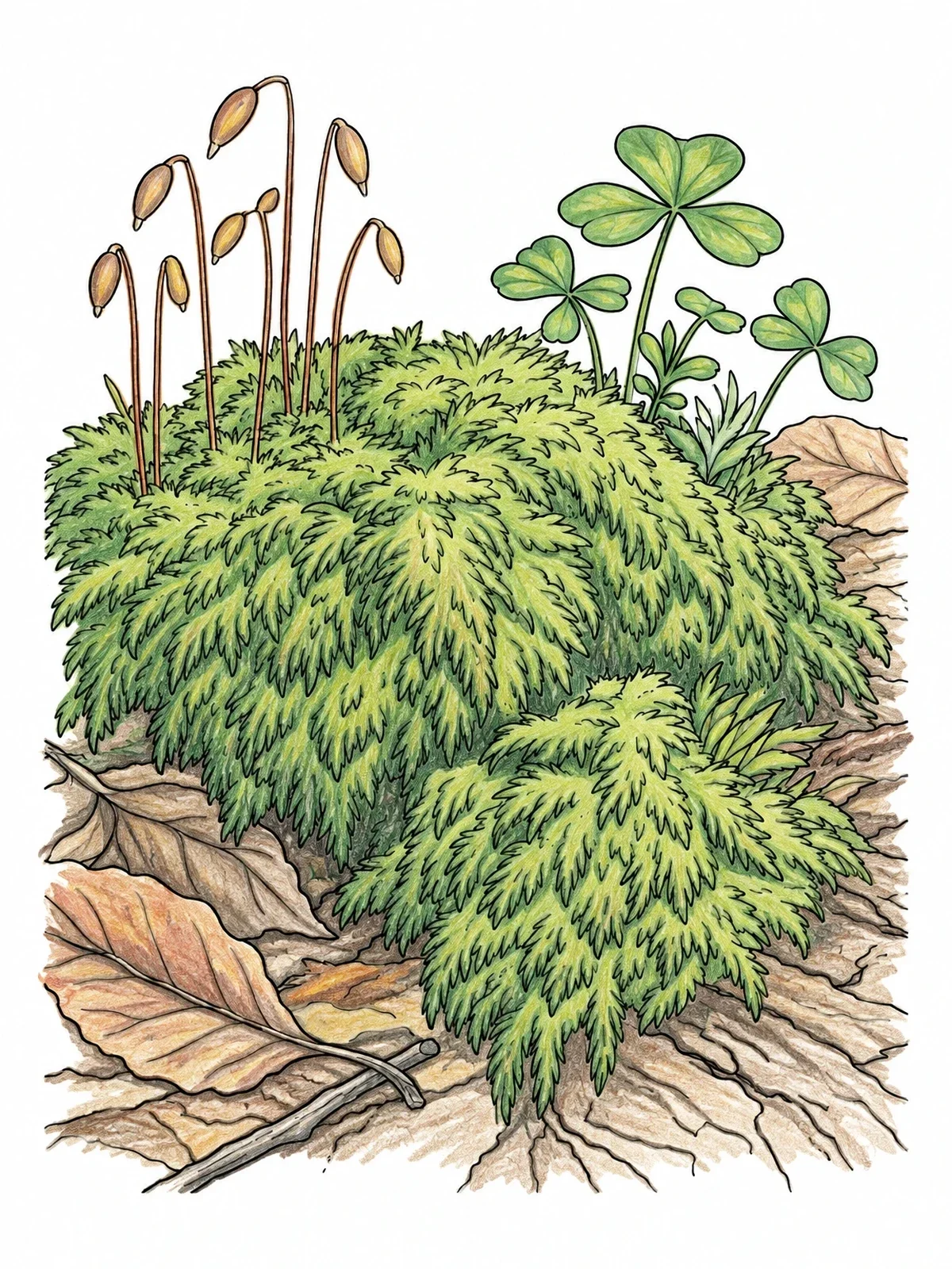 Colored example of the Forest Moss Patch With Sporophytes And Clover coloring page