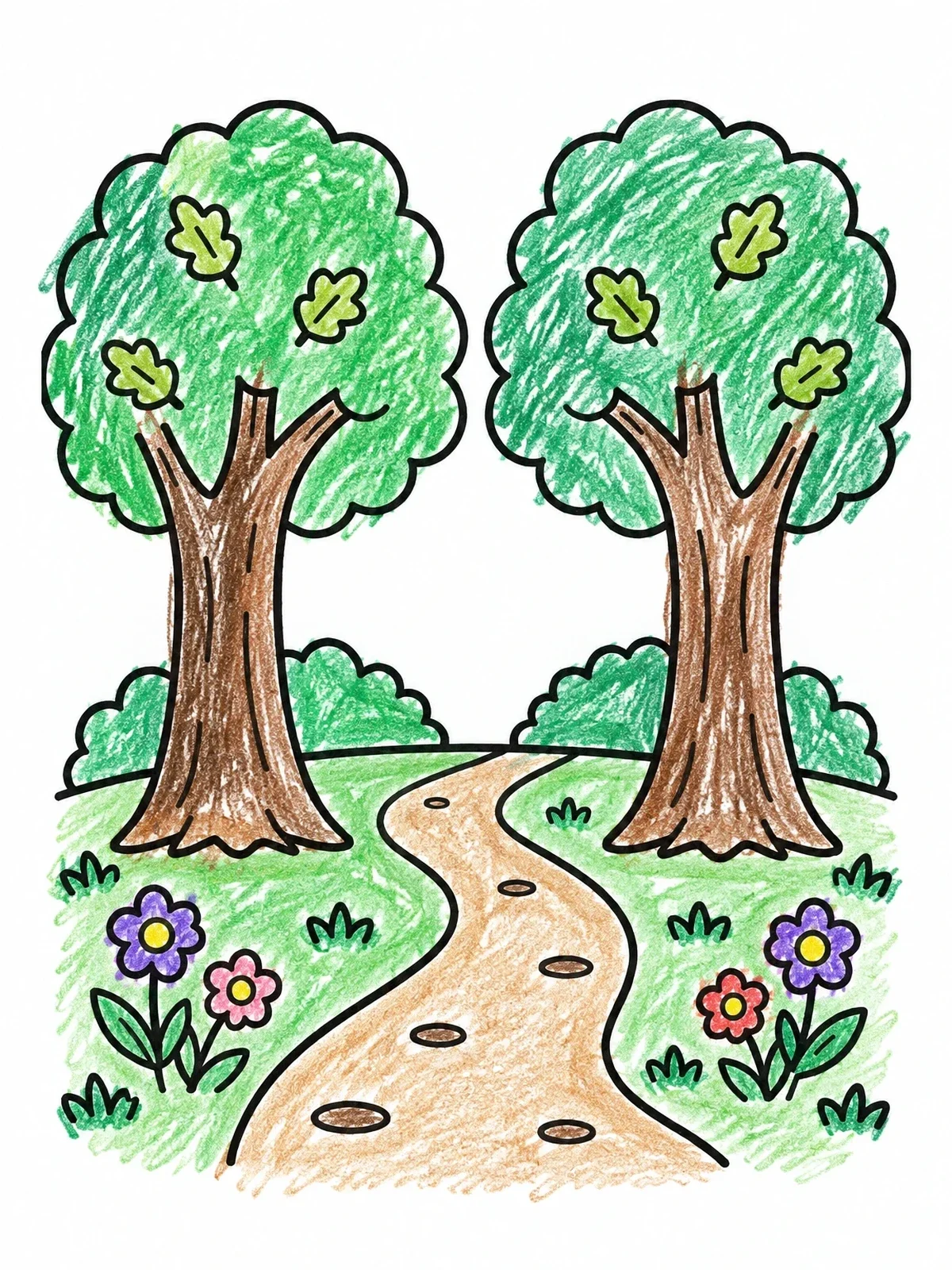 Colored example of the Forest Path Between Oak Trees coloring page