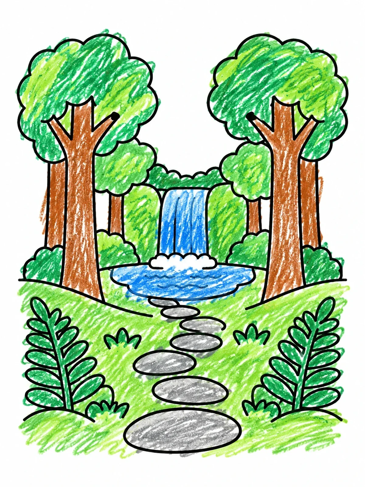 Colored example of the Forest Path To Waterfall coloring page